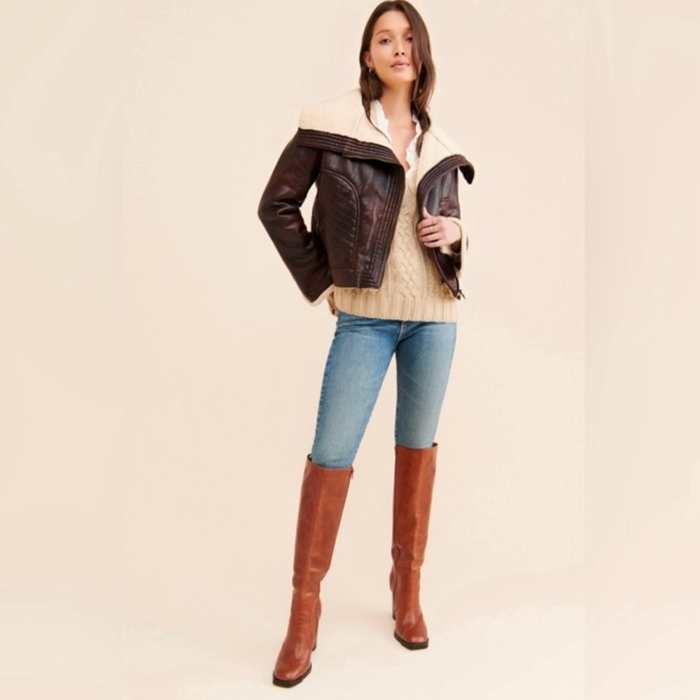 Women's Brown Leather Jacket with Shearling Collar